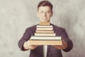 Young boy student with books in glasses. happy guy want learning, have education. online education. Study in school. Male blur. Royalty Free Stock Photo