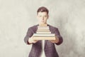 Young boy student with books in glasses. happy guy want learning, have education. online education. Study in school. Male blur. Royalty Free Stock Photo