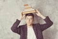 Young boy student with books in glasses. happy guy want learning, have education. online education. Study in school. Male with Royalty Free Stock Photo