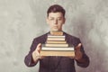 Young boy student with books in glasses. happy guy want learning, have education. online education. Study in school. Male blur. Royalty Free Stock Photo