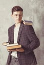 Young boy student with books in glasses. happy guy want learning, have education. online education. Study in school. Male in books Royalty Free Stock Photo