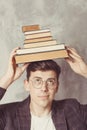 Young boy student with books in glasses. happy guy want learning, have education. online education. Study in school. Male with Royalty Free Stock Photo