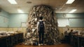 Young boy student standing bewildered in front of a towering pile to the ceiling of what represents homework in classroom - Royalty Free Stock Photo