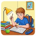 Young boy studying at a desk, focused on a book with math equations. He holds a Royalty Free Stock Photo