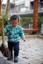 Young boy sweeping leaves