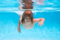 Young boy swim and dive underwater. Under water portrait in swim pool. Child boy diving into a swimming pool. Royalty Free Stock Photo