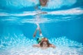 Young boy swim and dive underwater. Under water portrait in swim pool. Child boy diving into a swimming pool. Summer Royalty Free Stock Photo