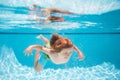 Young boy swim and dive underwater. Under water portrait in swim pool. Child boy diving into a swimming pool. Summer Royalty Free Stock Photo