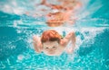 Young boy swim and dive underwater. Under water portrait in swim pool. Child boy diving into a swimming pool. Royalty Free Stock Photo