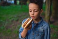 A young boy takes a bite of a hot dog Royalty Free Stock Photo