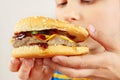 Young boy is tasting the hamburger on white background close up Royalty Free Stock Photo