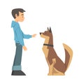 Young Boy Training His Dog Teaching Him Command Vector Illustration