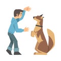 Young Boy Training His Dog Teaching Him Command Vector Illustration