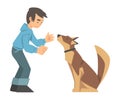 Young Boy Training His Dog Teaching Him Command Vector Illustration