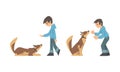 Young Boy Training His Dog Teaching Him Command Vector Illustration Set