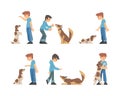 Young Boy Training His Dog Teaching Him Sitting on Command Vector Set