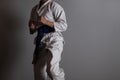 Young boy training karate on gray background. Boy with a kimono Royalty Free Stock Photo