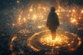 Young boy treading on glowing magic circles, ancient symbols illuminating path Royalty Free Stock Photo