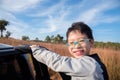 Young boy on truck and smiles Royalty Free Stock Photo
