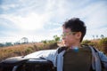 Young boy on truck and smiles Royalty Free Stock Photo