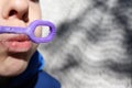 Young boy try to blowing bubbles from bubble maker close up view Royalty Free Stock Photo