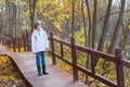 Young boy walking on a wooden pathway in a beautiful autumn park Royalty Free Stock Photo