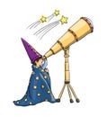 Kid, telescope, child, vector, explore, search, astrologist, stargazing, gaze, stars, space, boy, background, education, discovery