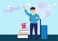 Young boy waving goodbye to study abroad with luggage Passport symbol, ticket, book, plane, travel abroad flat style vector