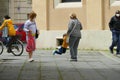 Young boy wearing protective mask can now meet again his granmother in Phase 2 after lockdown for Coronavirus pandemic Royalty Free Stock Photo