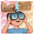A young boy wearing virtual reality goggles appears delighted, with Royalty Free Stock Photo