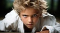 Young boy in white kimono practices jiu-jitsu with skill, executing a powerful punch Royalty Free Stock Photo