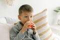 Young boy 6-7 years old siitng on bed, eating apple. Home lifestyle concept