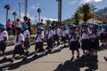 Yungay, Peru, July 25, 2014: young boys and girls parading with a hat on the day of the celebration of the national holiday of