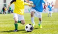 Young boys playing soccer match. Youth football tournament for young boys