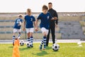 Young Boys in Sports Soccer Club on Training Unit. Kids Improve Soccer Skills on Natural Turf Grass Pitch