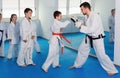 Young boys training karate kicks with coach