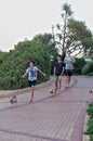 Young boys walking their small dogs along the promenade at Umhlanga Rocks beach