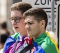 2018: Young boys wearing rainbow flags attending the Gay Pride parade also known as Christopher Street Day CSD in Munich, German