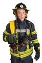 Young brave man in uniform and hardhat of firefighter with fire hose Royalty Free Stock Photo