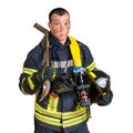 Man in uniform of firefighter holds hardhat, pinch bar, fire hose Royalty Free Stock Photo