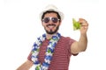 Young brazilian holding typical cocktail made of cachaca: Caipirinha. Royalty Free Stock Photo