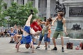 Young breakdancers on Place d`Armes in Montreal Royalty Free Stock Photo