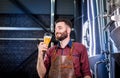 Young brewer wearing a leather apron is testing beer at a modern brewery