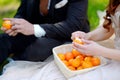 Young bride and groom eating tangerines Royalty Free Stock Photo