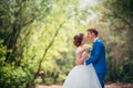 Young bride and groom embracing against the backdrop of the forest the road Royalty Free Stock Photo