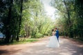 Young bride and groom kissing on the background of the forest the road Royalty Free Stock Photo