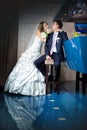 Young bride and groom next to bar Royalty Free Stock Photo