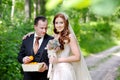 Young bride and groom taking a walk Royalty Free Stock Photo