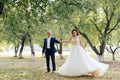 Young bride and groom walking in a summer Park with green trees Royalty Free Stock Photo