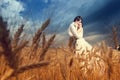 Young bride and groom in wheat field with blue sky Royalty Free Stock Photo